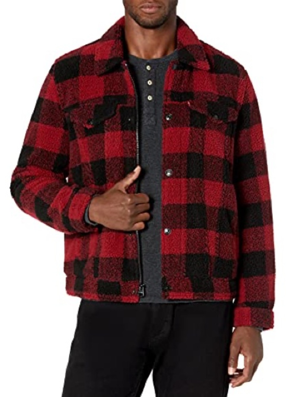 Levi's Red and Black Plaid Sherpa Trucker Jacket